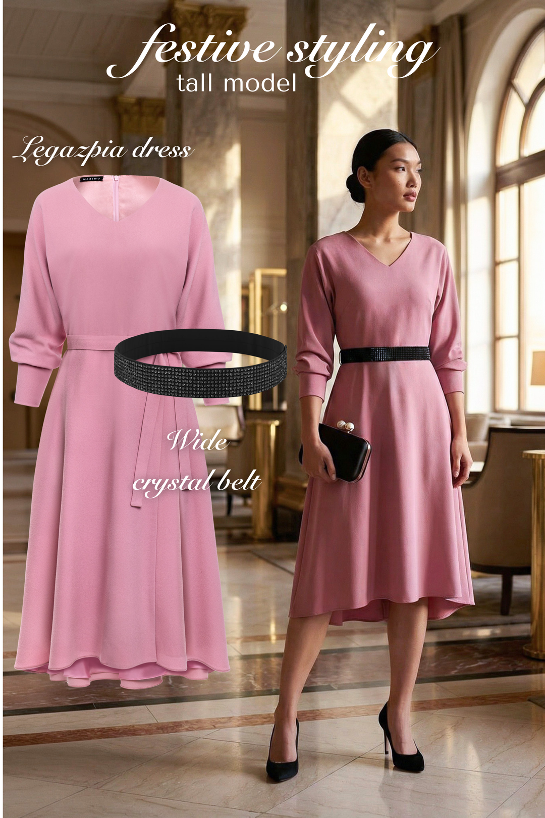 LEGAZPIA OLD PINK WOOL CREPE KIMONO SLEEVE DRESS