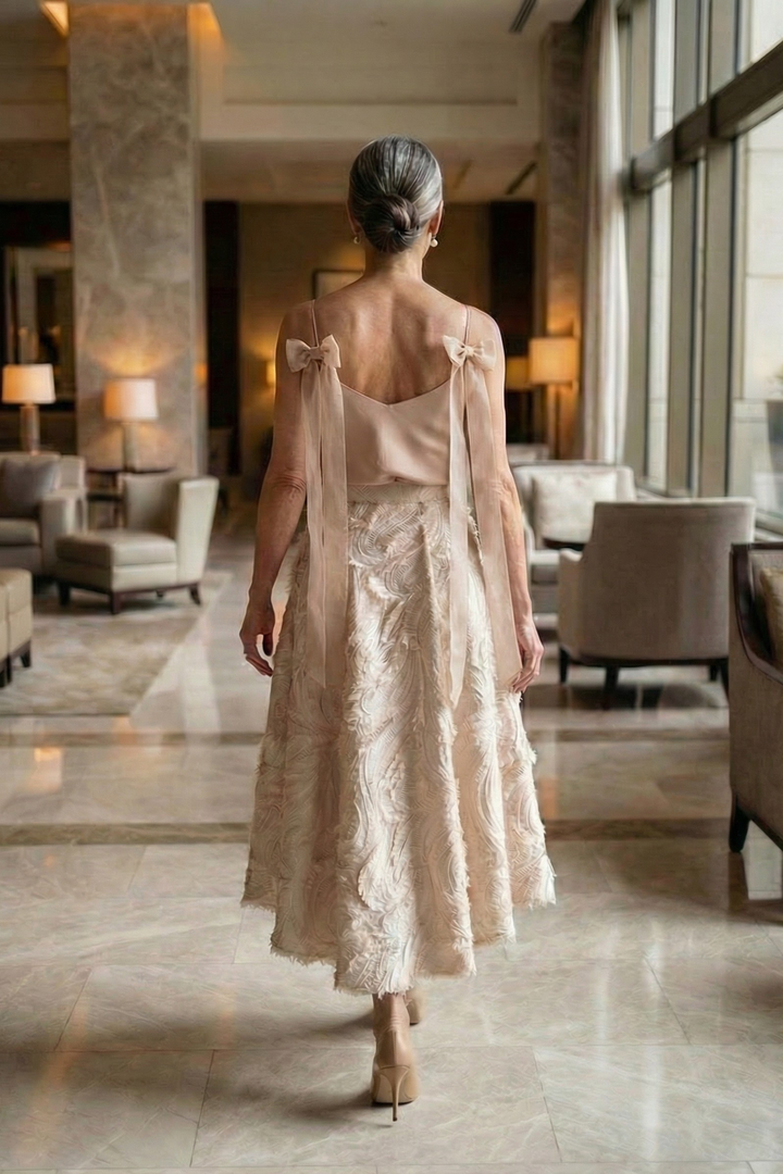 ARIA ROSE GOLD SPAGHETTI STRAP SILK TOP WITH BOW DETAILS