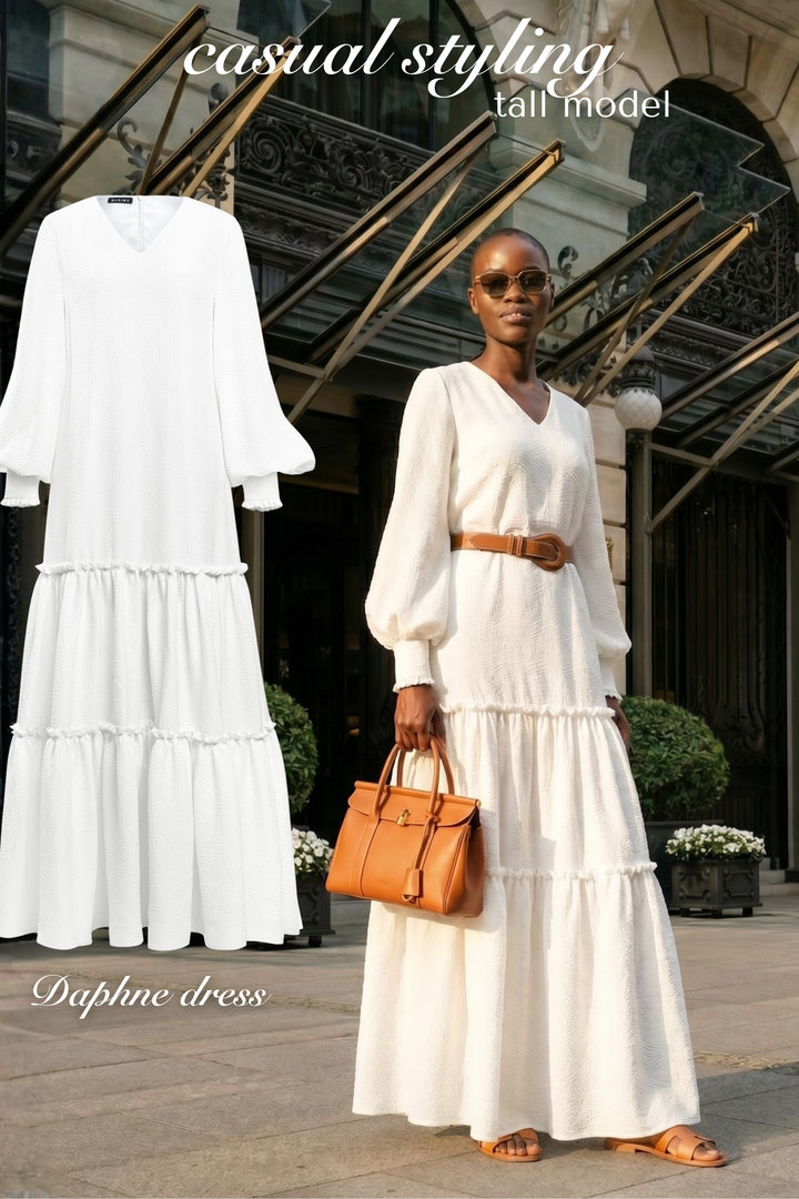 DAPHNE WHITE SILK JACQUARD MAXI DRESS WITH SLEEVES