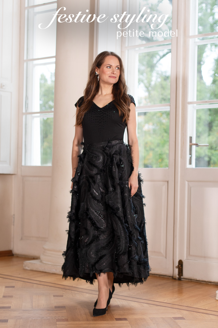 LAMIUM BLACK SILK JERSEY BODYSUIT WITH CRYSTAL EMBROIDERY
