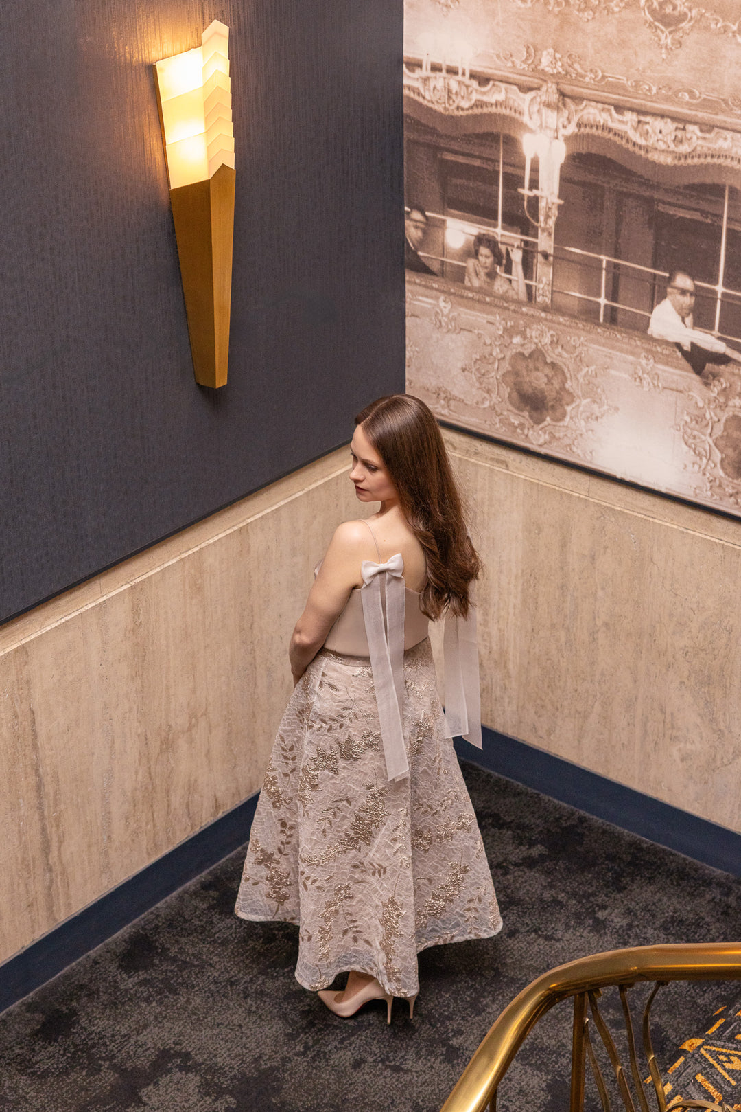 CALLUNA OFF WHITE AND ROSE GOLD JACQUARD A-LINE MIDI SKIRT