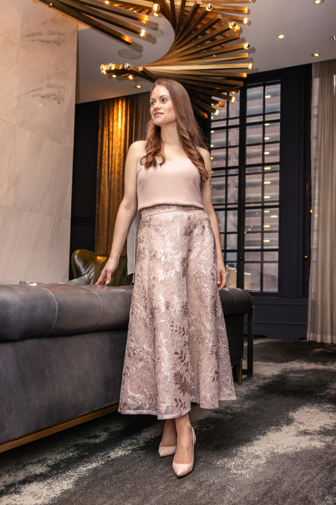 CALLUNA OFF WHITE AND ROSE GOLD JACQUARD A-LINE MIDI SKIRT