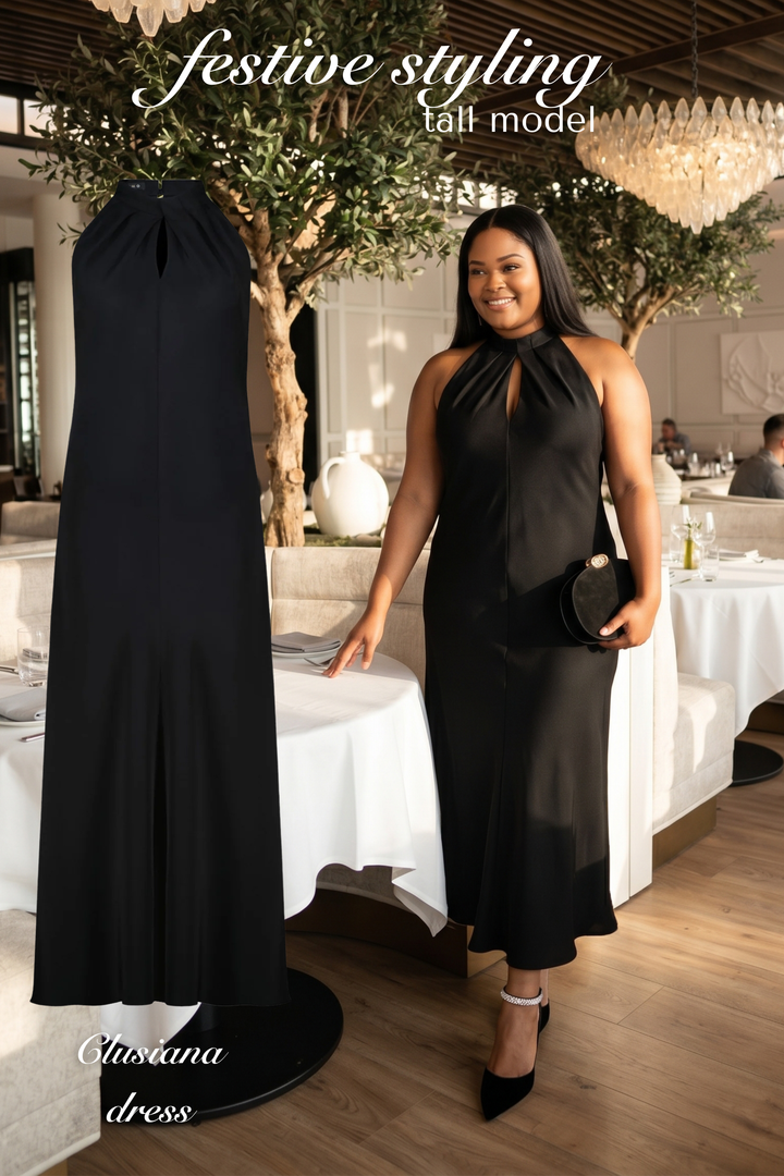 CLUSIANA BLACK SILK HALTER NECK MIDI DRESS WITH BOW DETAIL