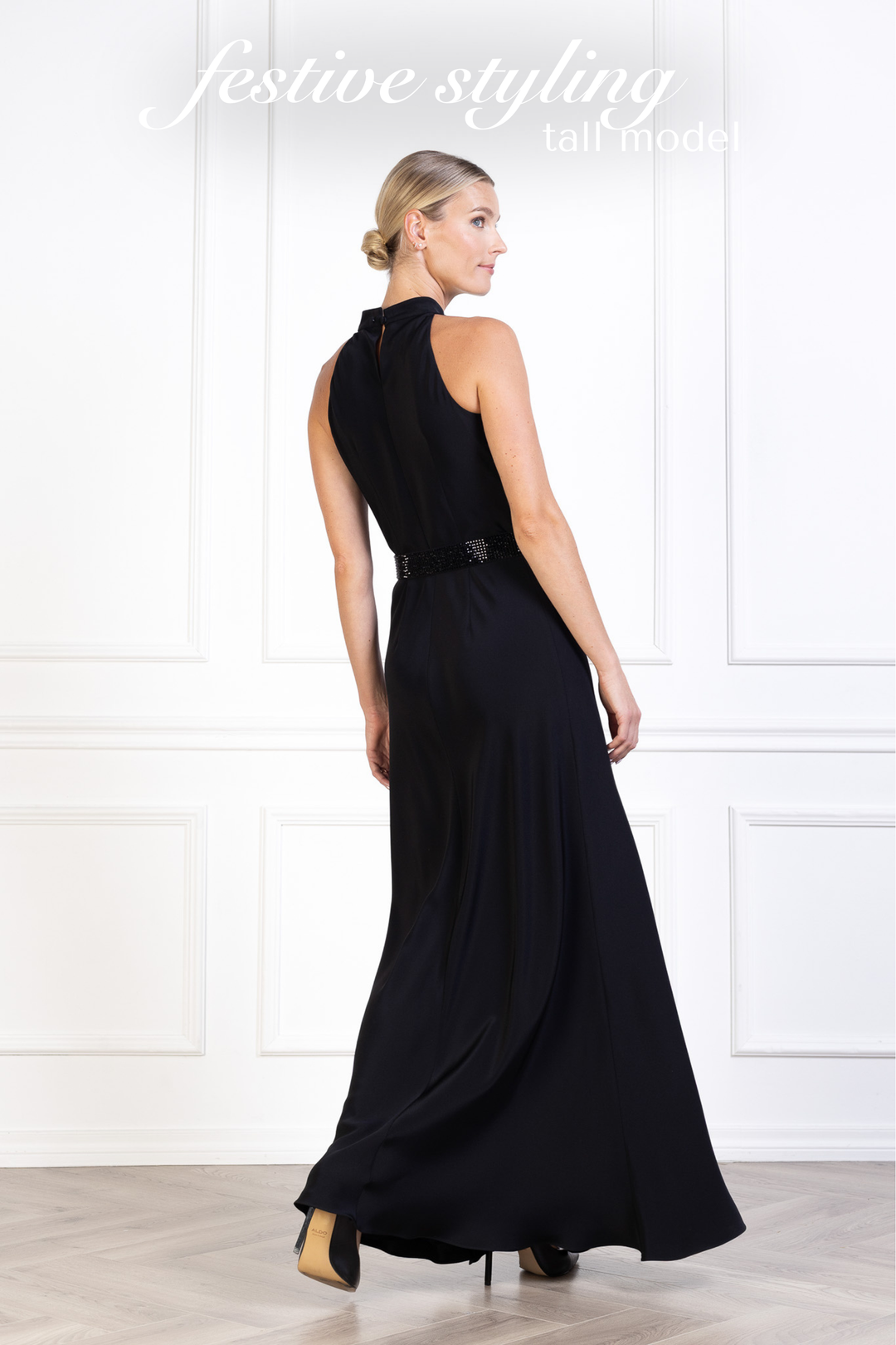 CLUSIANA BLACK SILK HALTER NECK SLIP DRESS WITH BOW DETAIL