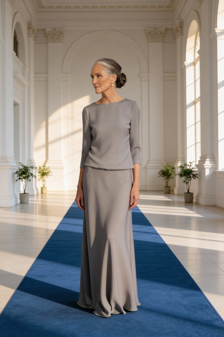 WIDDRINGTONIA GRAY SILK A-LINE GOWN WITH SLEEVES