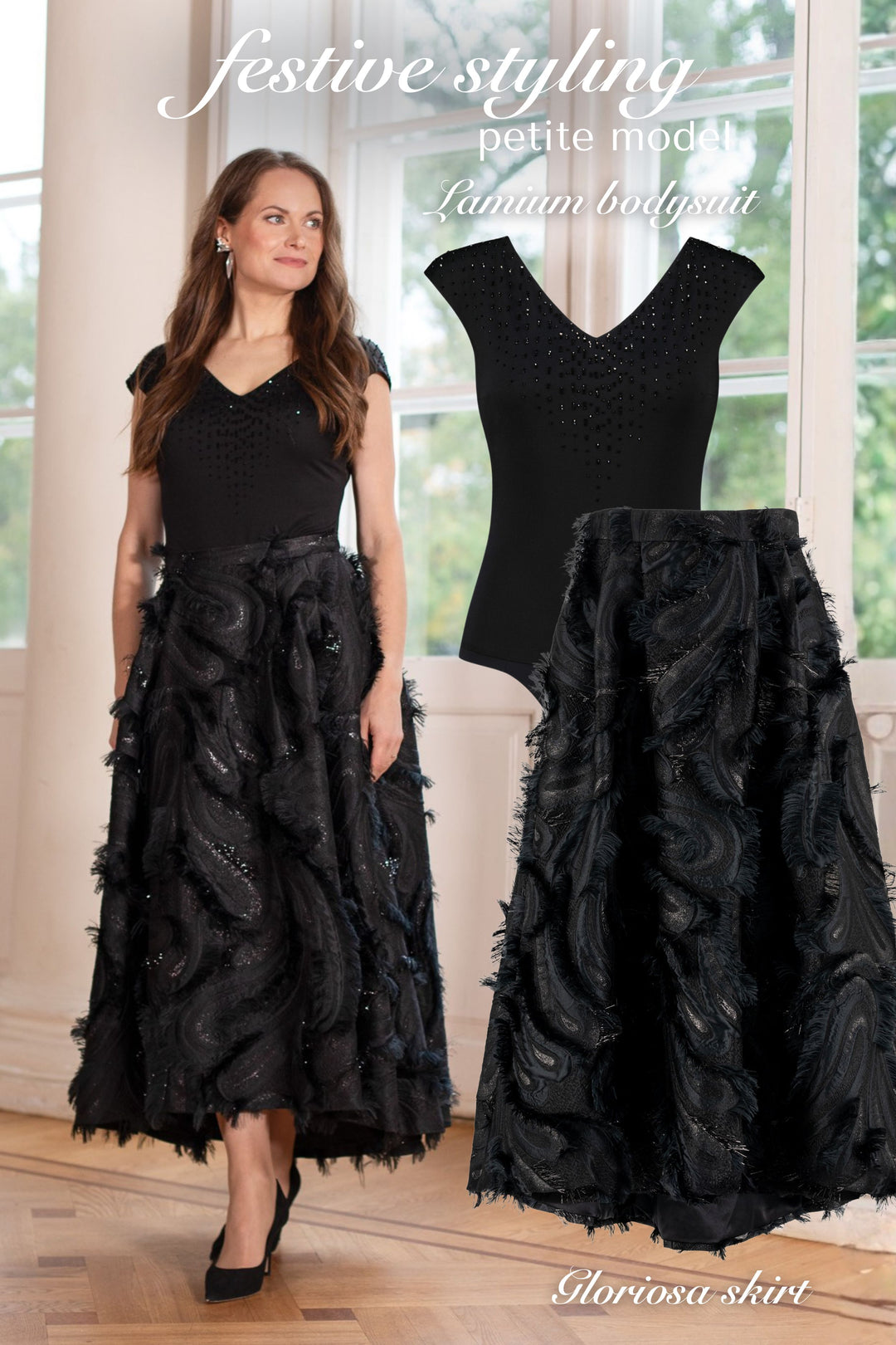 LAMIUM BLACK SILK JERSEY BODYSUIT WITH CRYSTAL EMBROIDERY