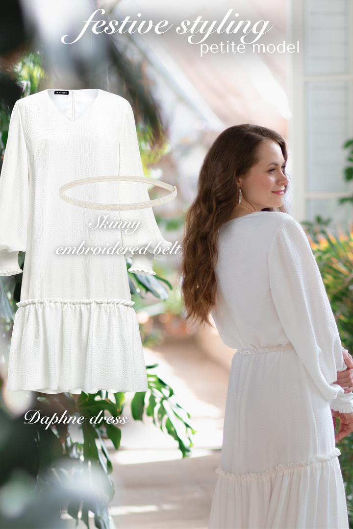 DAPHNE WHITE SILK JACQUARD DRESS WITH SLEEVES