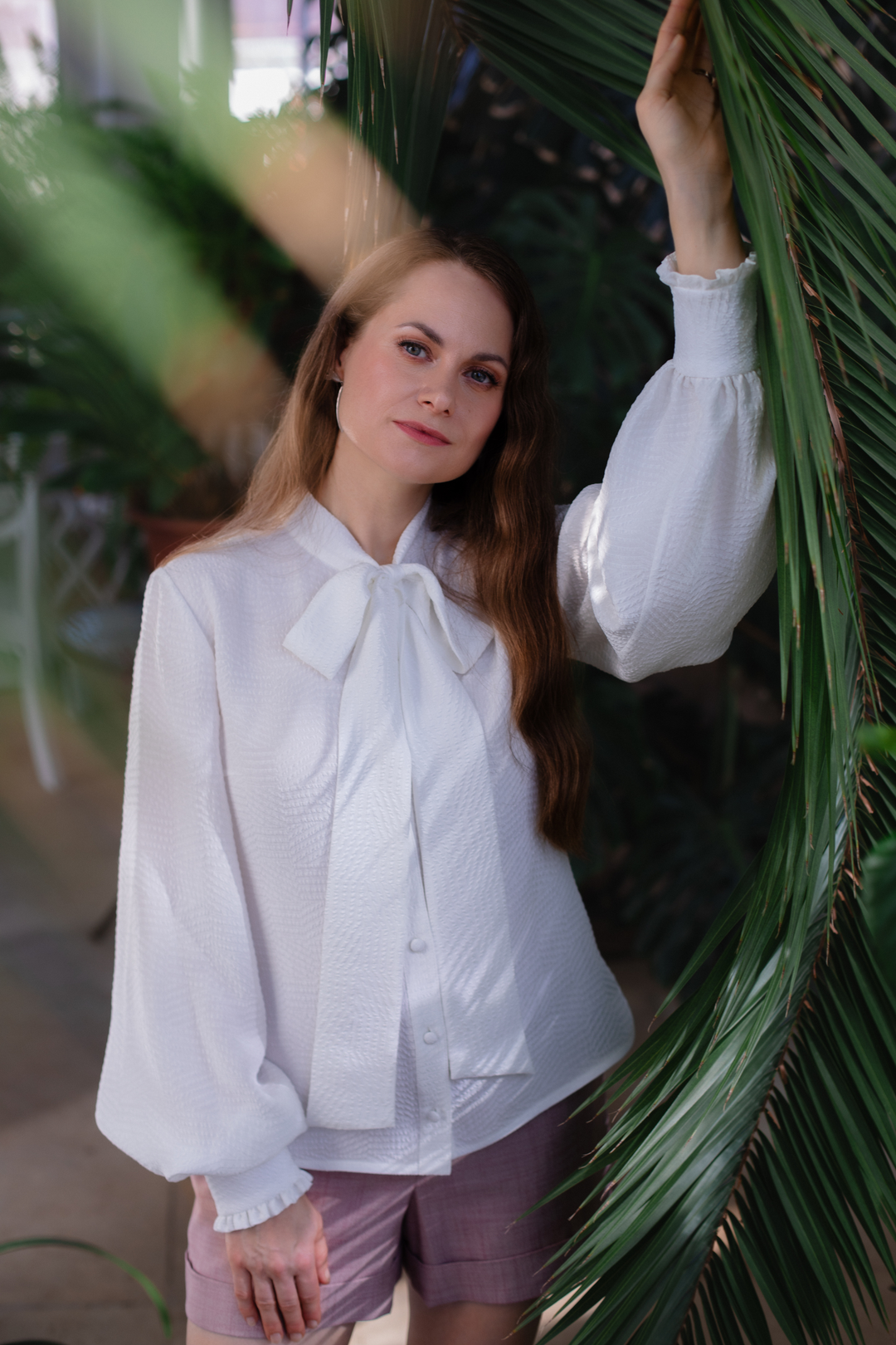 RHIPSALIS WHITE SILK JAQUARD NECK TIE BLOUSE