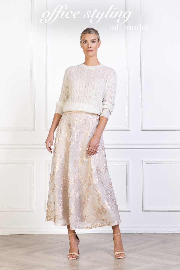 CALLUNA OFF WHITE AND ROSE GOLD JACQUARD A-LINE MIDI SKIRT