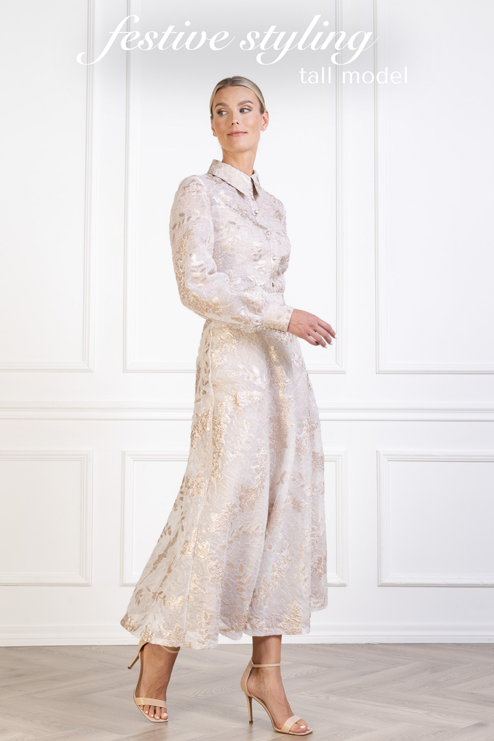 CALLUNA OFF WHITE AND ROSE GOLD JACQUARD A-LINE MIDI SKIRT