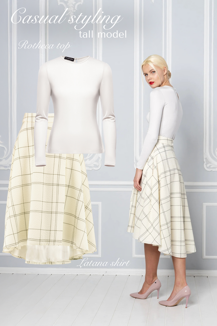 LATANIA CREAM PLAID WOOL SEERSUCKER HIGH-LOW SKIRT