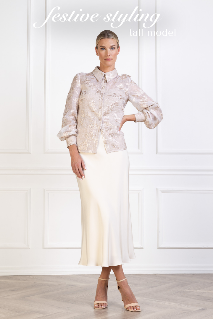 CALLIANDRA OFF WHITE AND ROSE GOLD JACQUARD PUFF-SLEEVE SHIRT