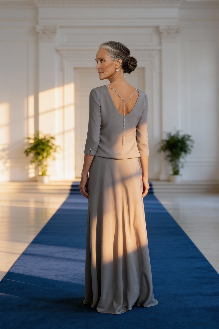 WIDDRINGTONIA GRAY SILK A-LINE GOWN WITH SLEEVES