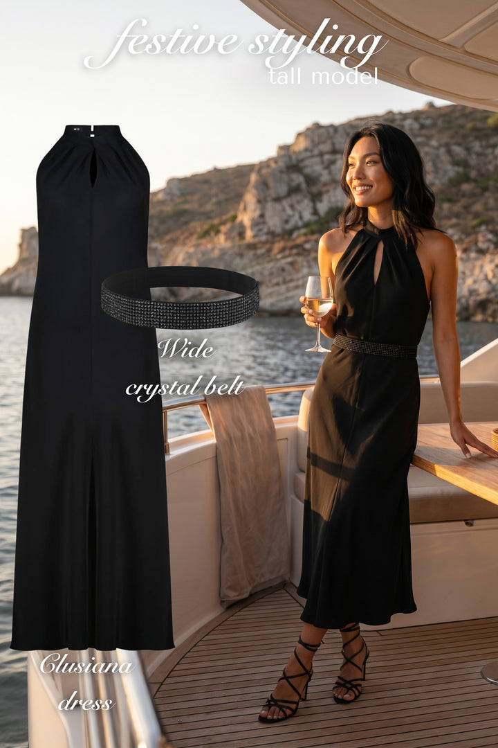 CLUSIANA BLACK SILK HALTER NECK MIDI DRESS WITH BOW DETAIL