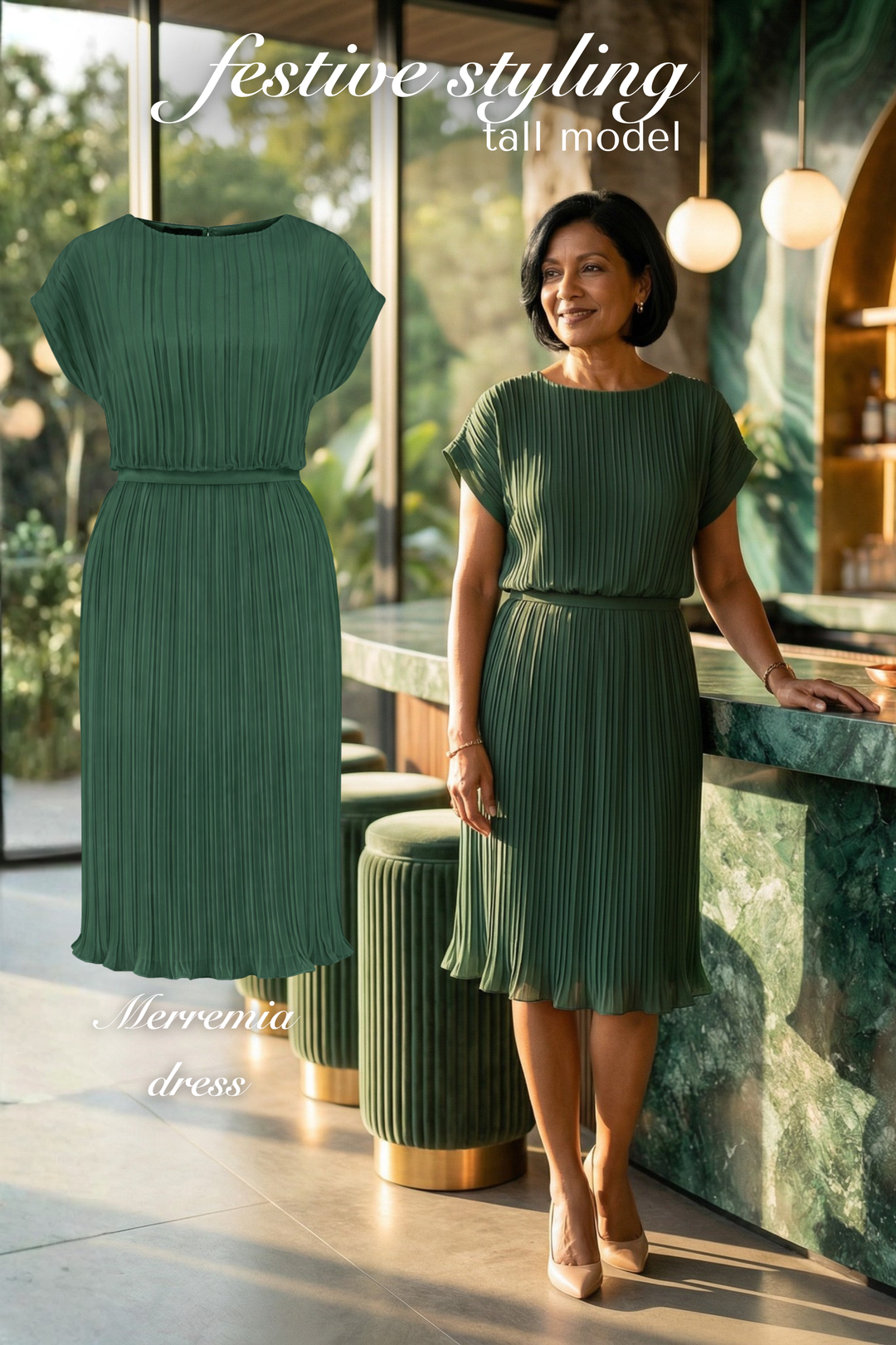 MERREMIA FOREST GREEN PLEATED DRESS