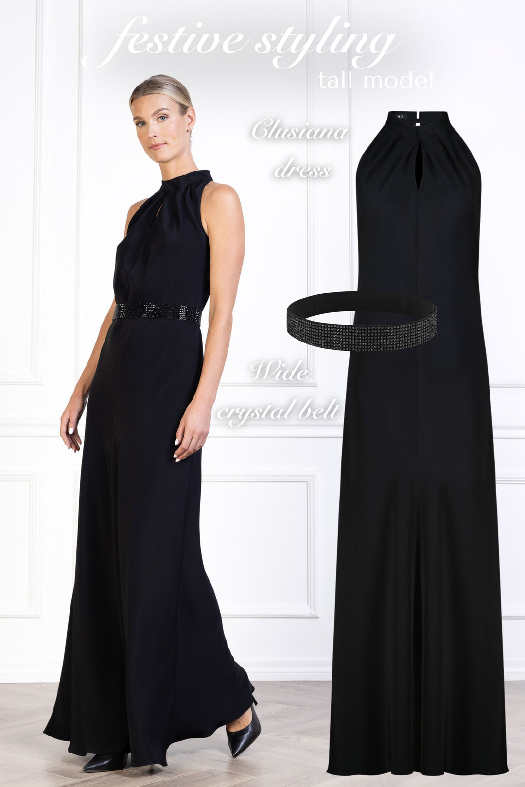 CLUSIANA BLACK SILK HALTER NECK SLIP DRESS WITH BOW DETAIL