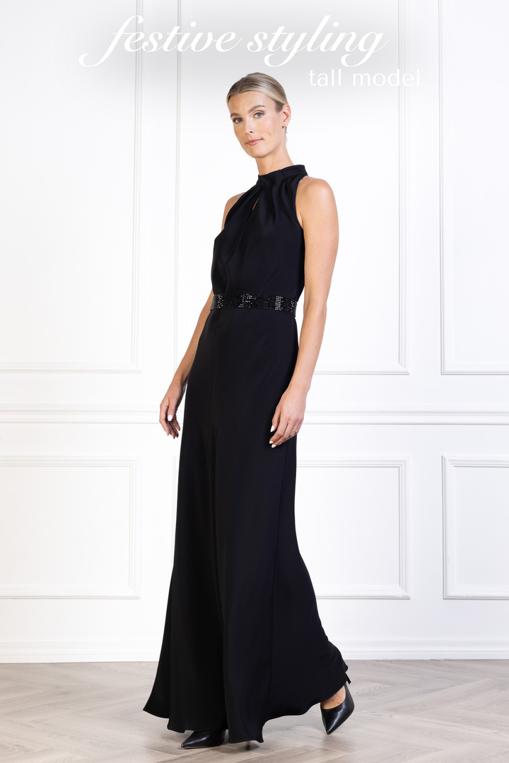 CLUSIANA BLACK SILK HALTER NECK SLIP DRESS WITH BOW DETAIL
