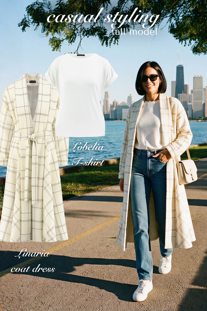 LINARIA CREAM PLAID WOOL SEERSUCKER COAT DRESS