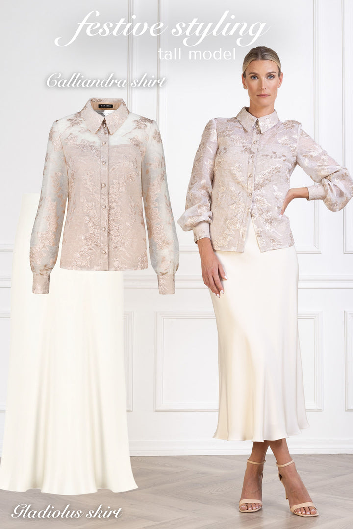 CALLIANDRA OFF WHITE AND ROSE GOLD JACQUARD PUFF-SLEEVE SHIRT