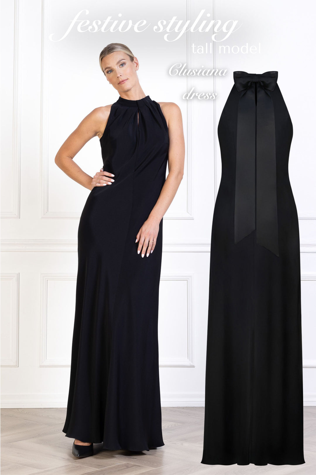 CLUSIANA BLACK SILK HALTER NECK SLIP DRESS WITH BOW DETAIL