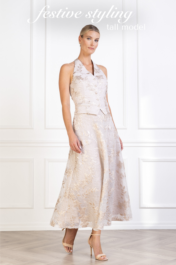 CALLUNA OFF WHITE AND ROSE GOLD JACQUARD A-LINE MIDI SKIRT