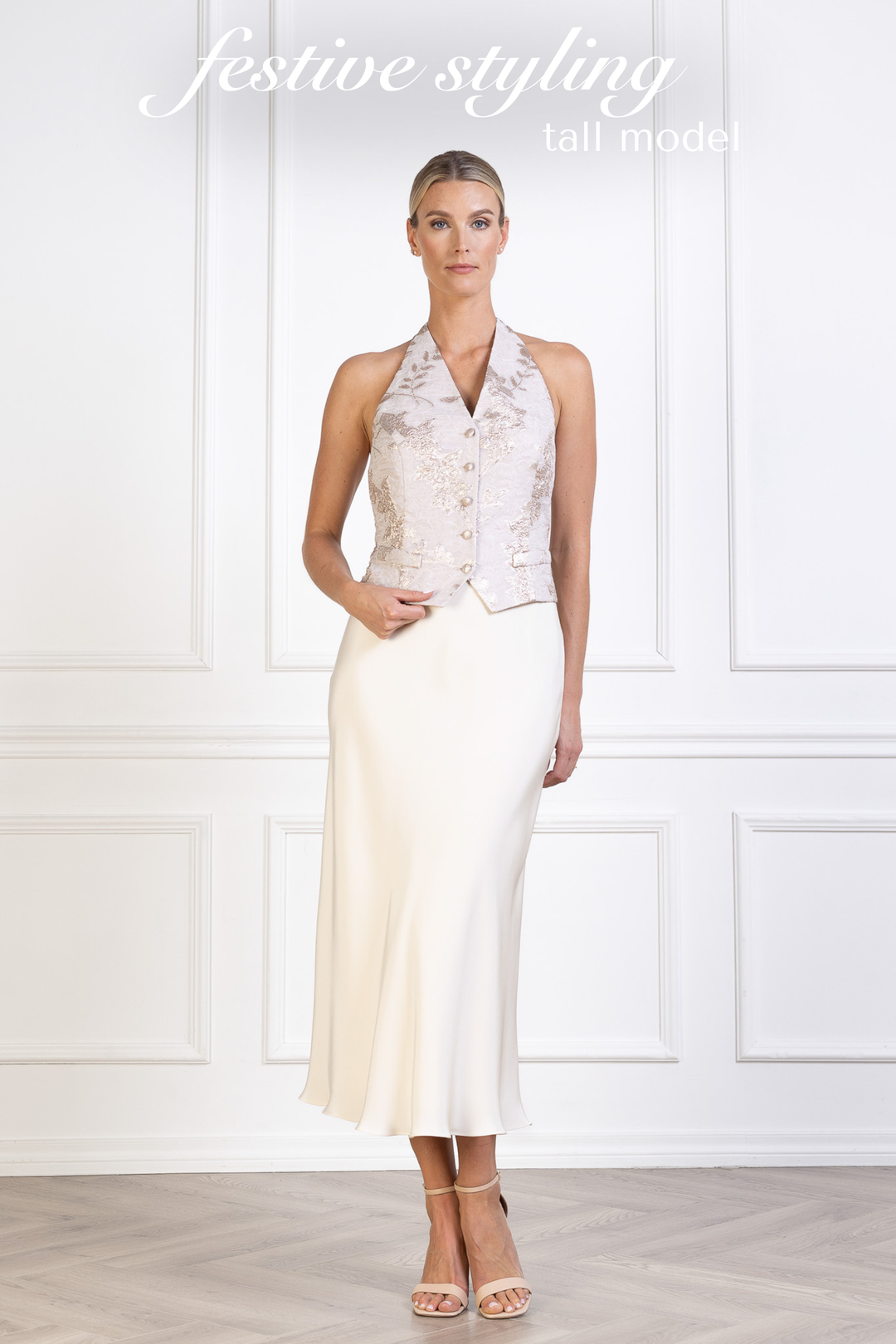 CARDARIA OFF WHITE AND ROSE GOLD JACQUARD OPEN BACK VEST