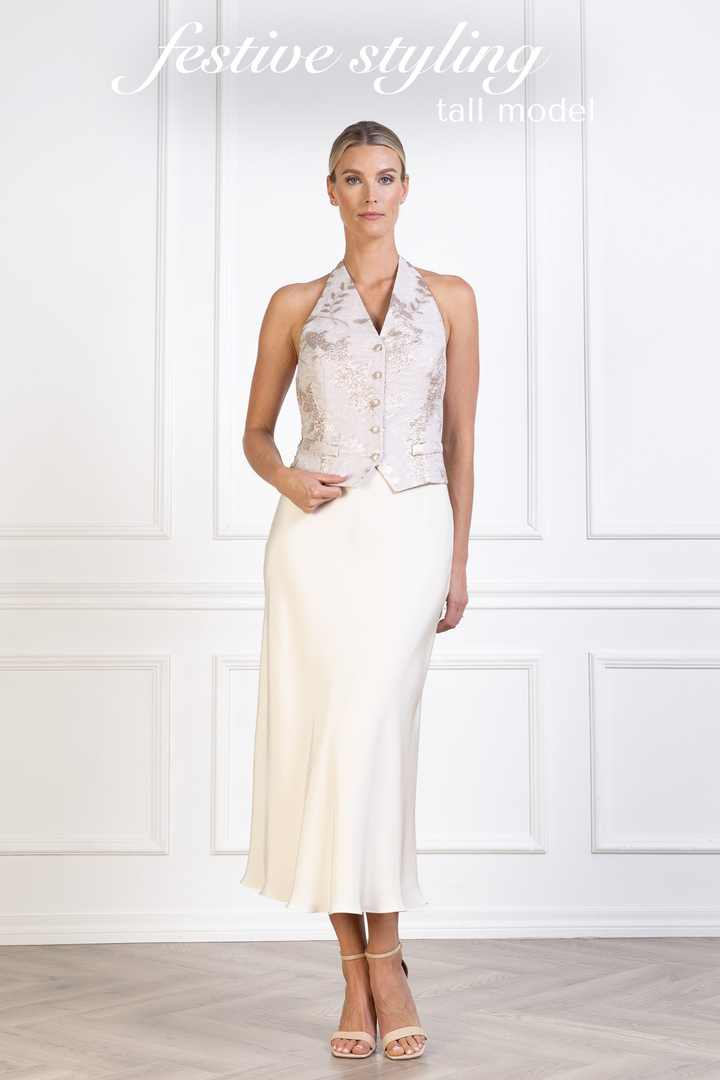 CARDARIA OFF WHITE AND ROSE GOLD JACQUARD OPEN BACK VEST