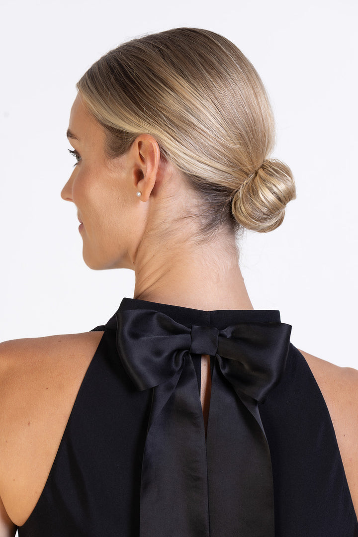 CLUSIANA BLACK SILK HALTER NECK SLIP DRESS WITH BOW DETAIL