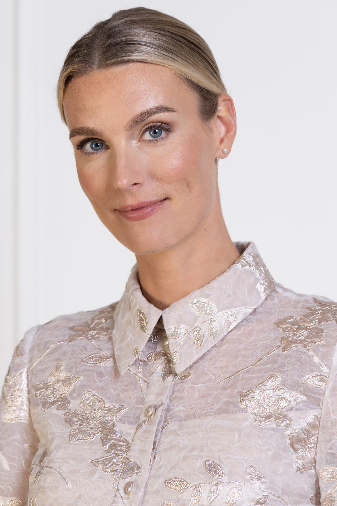 CALLIANDRA OFF WHITE AND ROSE GOLD JACQUARD PUFF-SLEEVE SHIRT