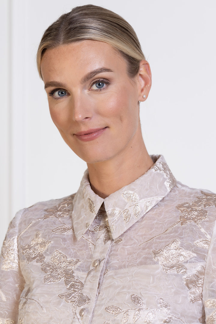 CALLIANDRA OFF WHITE AND ROSE GOLD JACQUARD PUFF-SLEEVE SHIRT