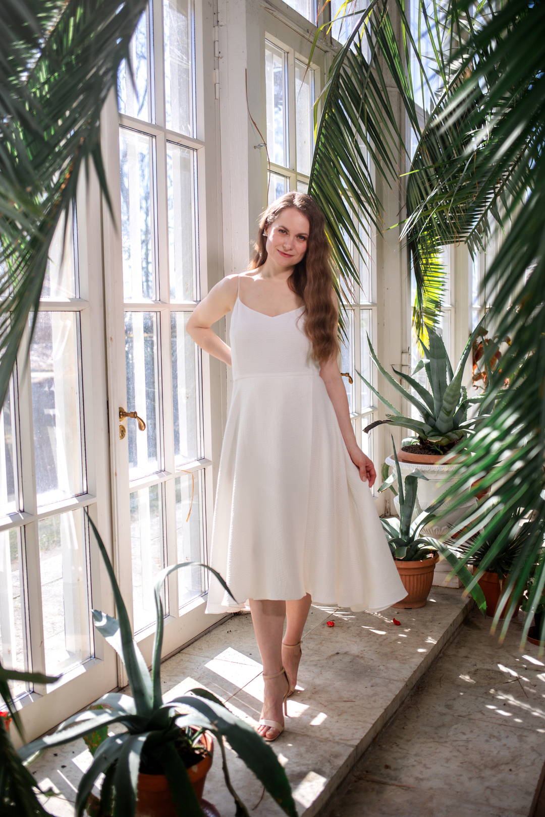 SENNA WHITE SILK JACQUARD SPAGHETTI STRAP DRESS