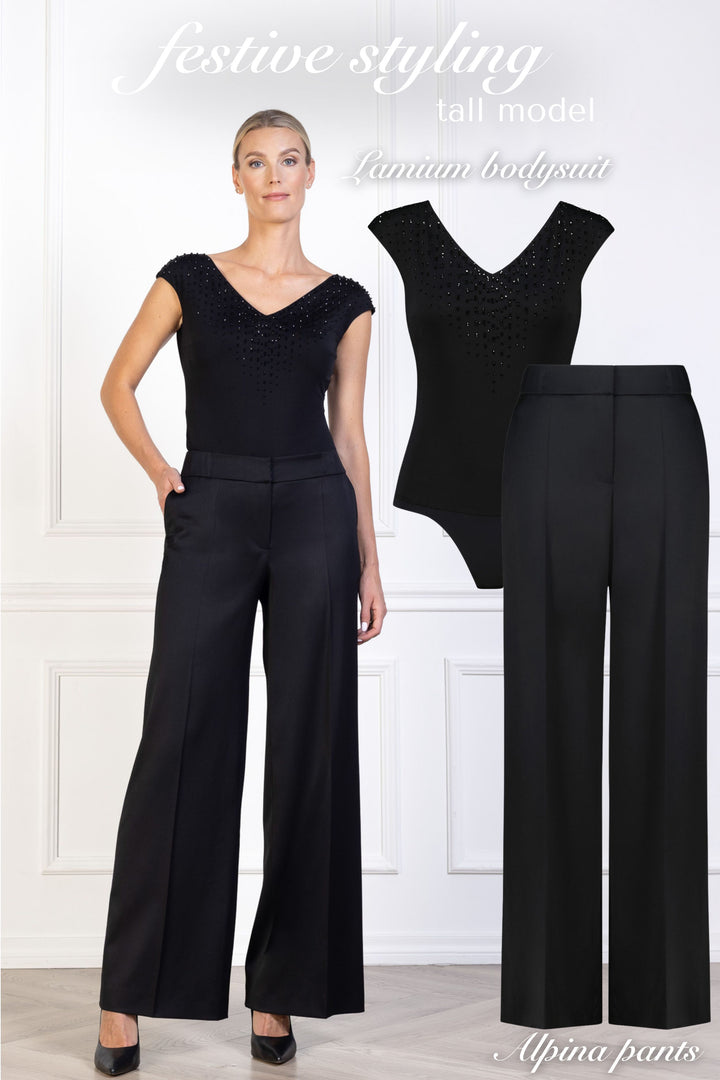 LAMIUM BLACK SILK JERSEY BODYSUIT WITH CRYSTAL EMBROIDERY