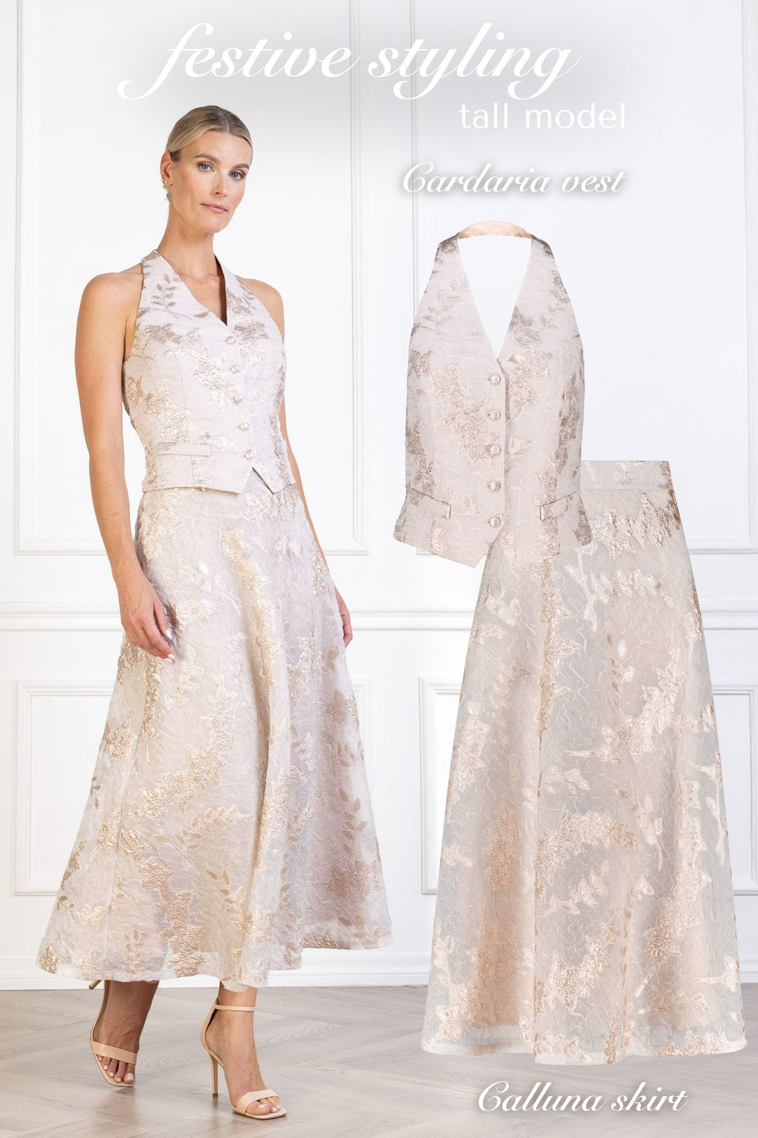 CARDARIA OFF WHITE AND ROSE GOLD JACQUARD OPEN BACK VEST