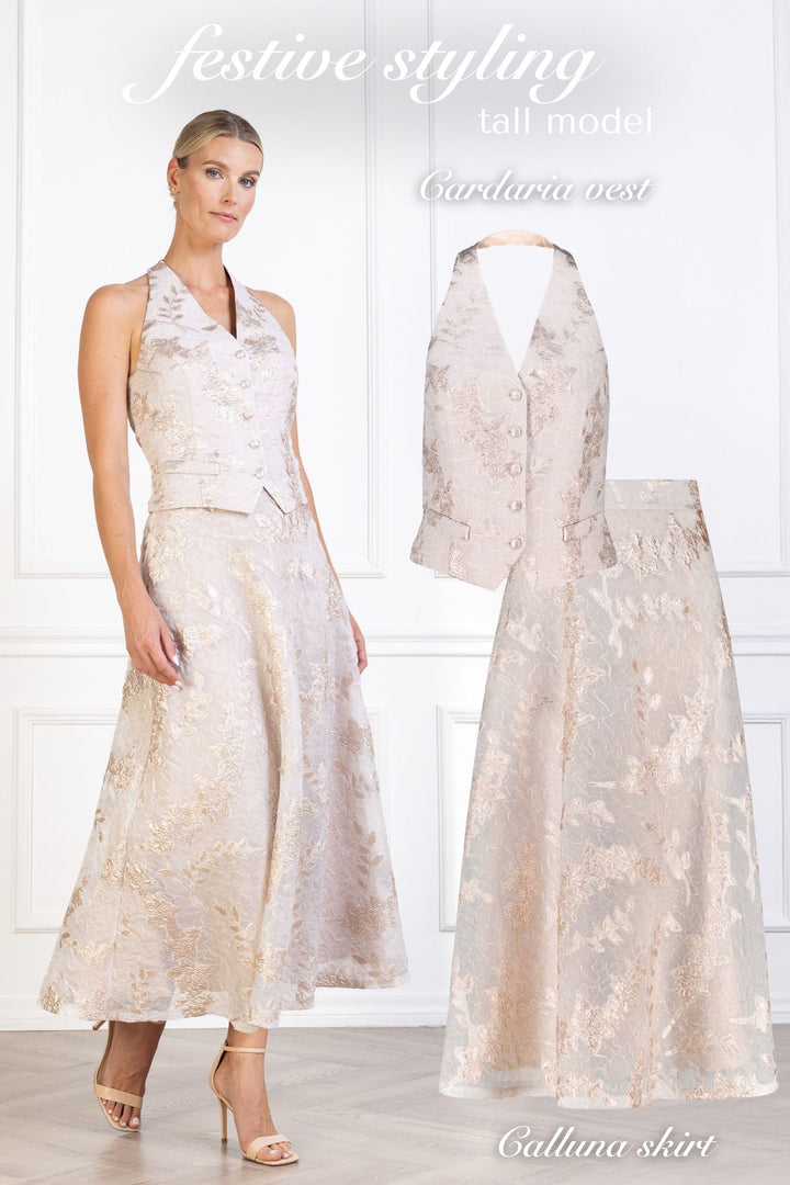 CARDARIA OFF WHITE AND ROSE GOLD JACQUARD OPEN BACK VEST