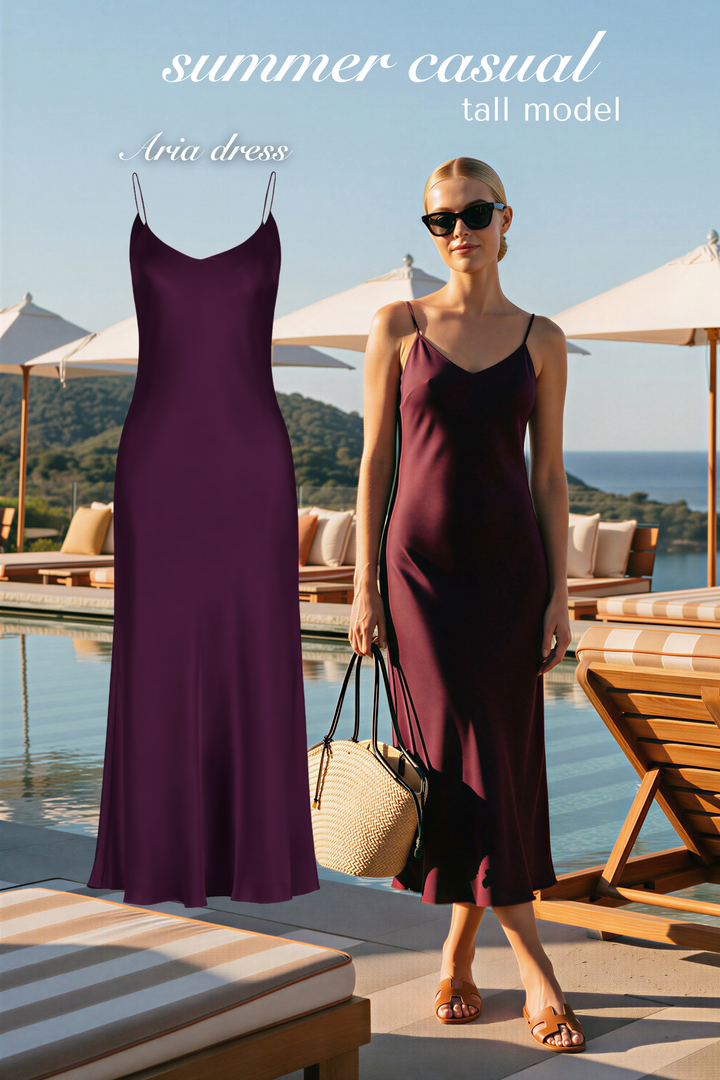 ARIA PLUM PURPLE SILK SLIP DRESS WITH BOW DETAILS