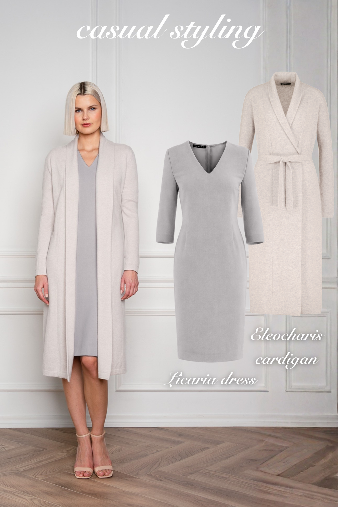 LICARIA DEEP V-NECK GRAY WOOL CREPE PENCIL DRESS