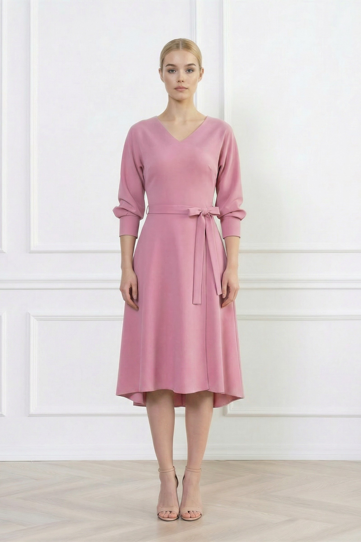LEGAZPIA OLD PINK WOOL CREPE KIMONO SLEEVE DRESS