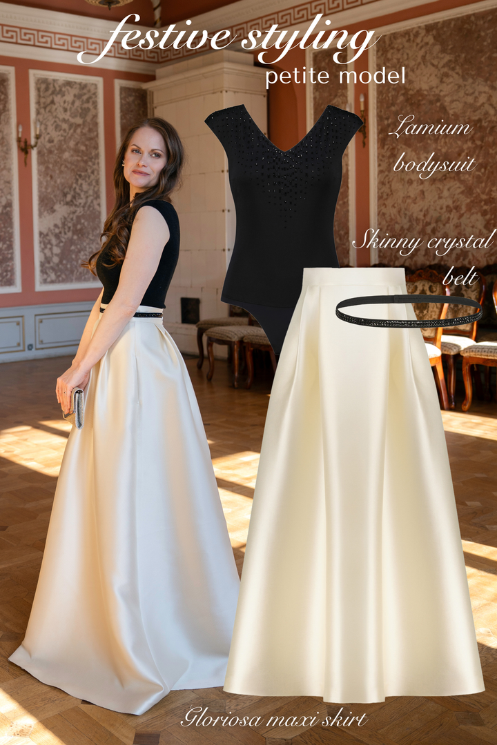 LAMIUM BLACK SILK JERSEY BODYSUIT WITH CRYSTAL EMBROIDERY