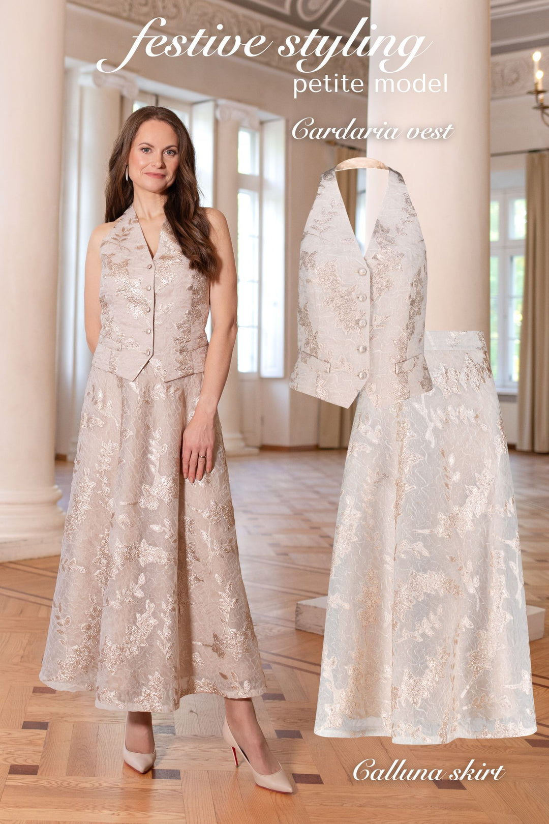 CARDARIA OFF WHITE AND ROSE GOLD JACQUARD OPEN BACK VEST