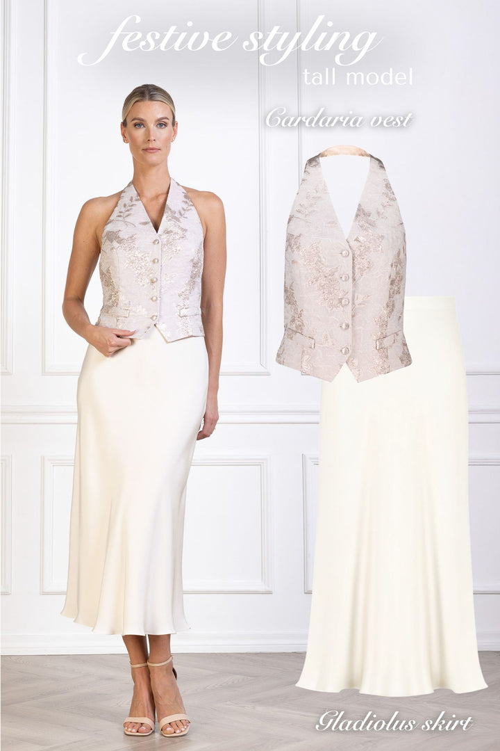 CARDARIA OFF WHITE AND ROSE GOLD JACQUARD OPEN BACK VEST