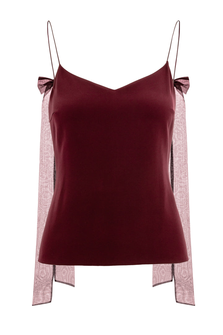 ARIA DEEP RED SPAGHETTI STRAP SILK TOP WITH BOW DETAILS