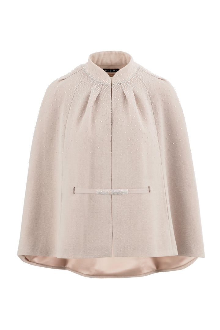 GALATELLA PALE PINK WOOL CREPE CAPE WITH CRYSTAL EMBROIDERY AND BELT