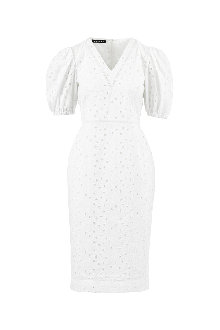 AFZELIA WHITE FLORAL BRODERIE ANGLAISE COTTON-POPLIN PENCIL DRESS