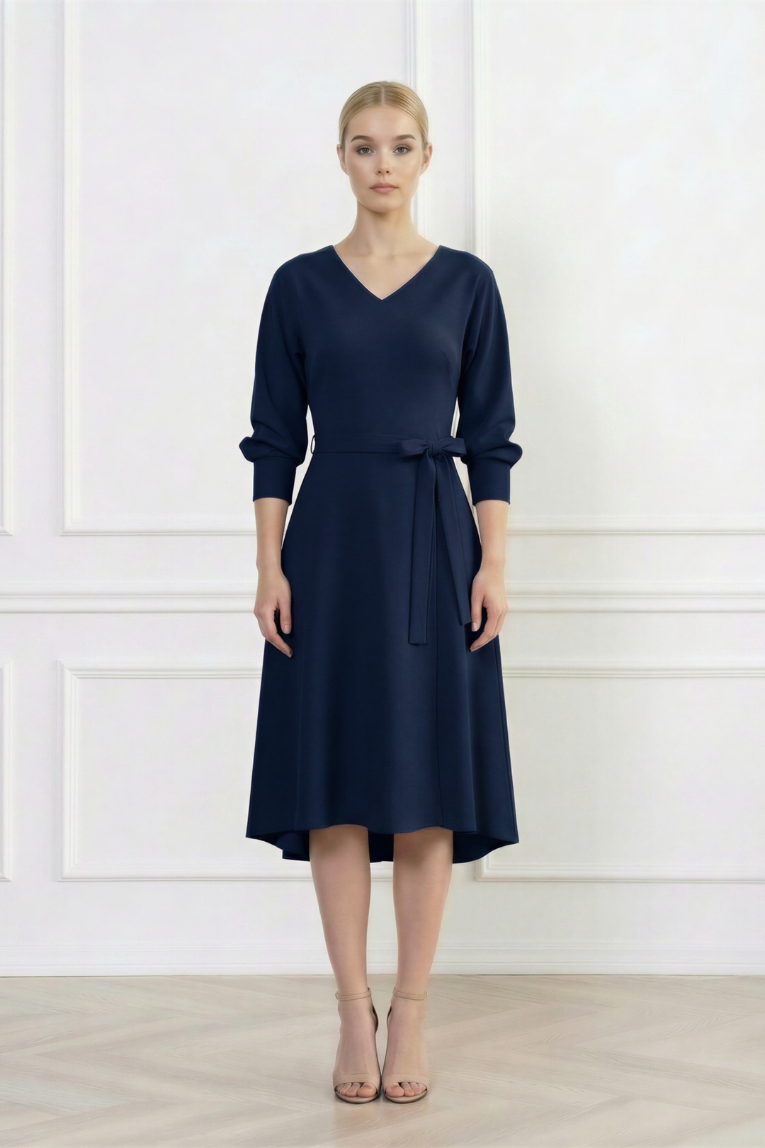 LEGAZPIA DARK BLUE WOOL CREPE KIMONO SLEEVE DRESS