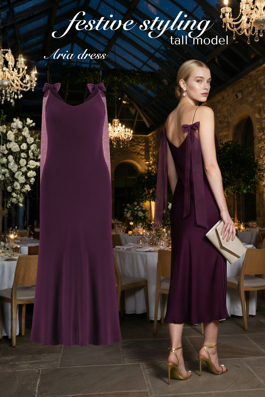 ARIA PLUM PURPLE SILK SLIP DRESS WITH BOW DETAILS