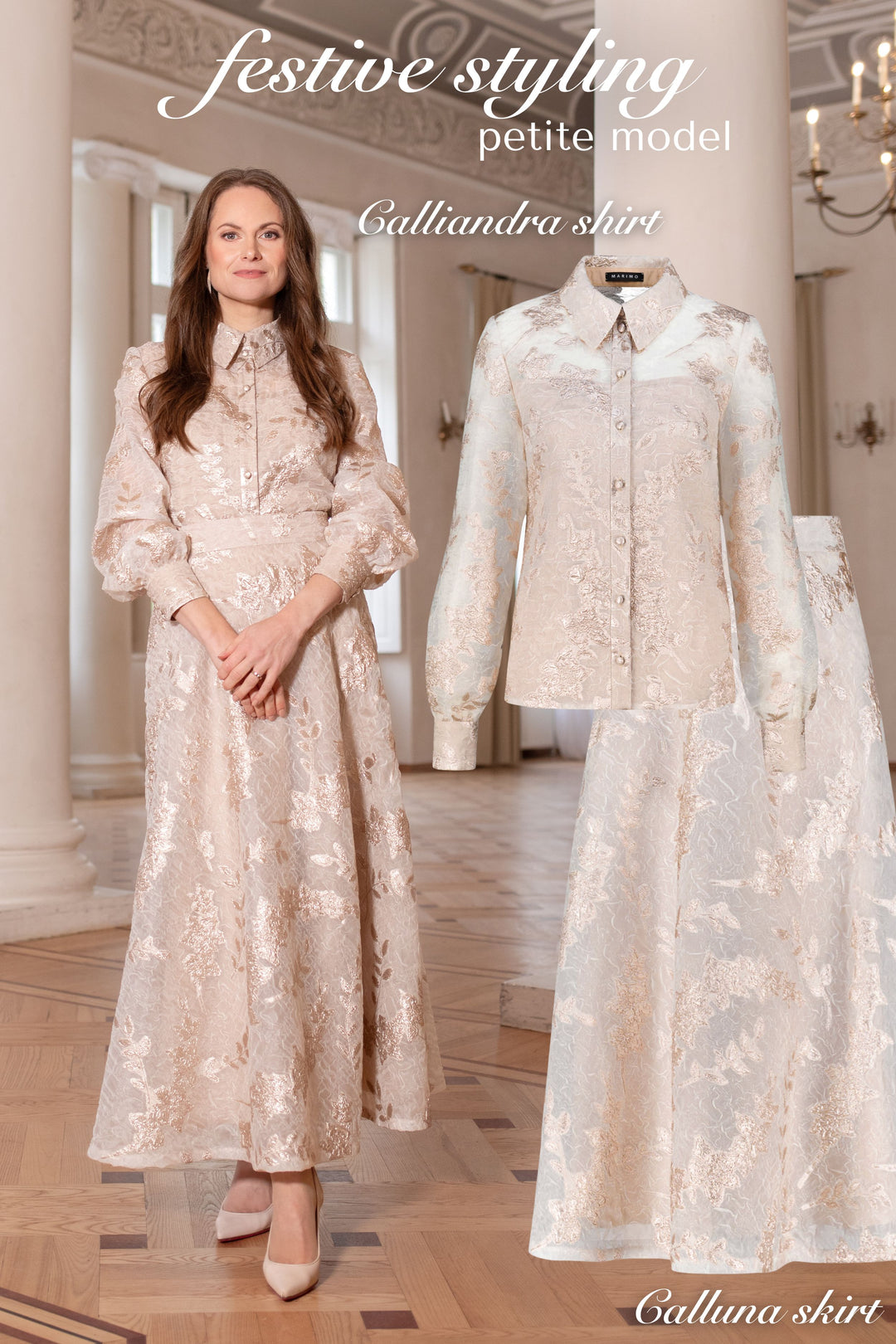 CALLIANDRA OFF WHITE AND ROSE GOLD JACQUARD PUFF-SLEEVE SHIRT