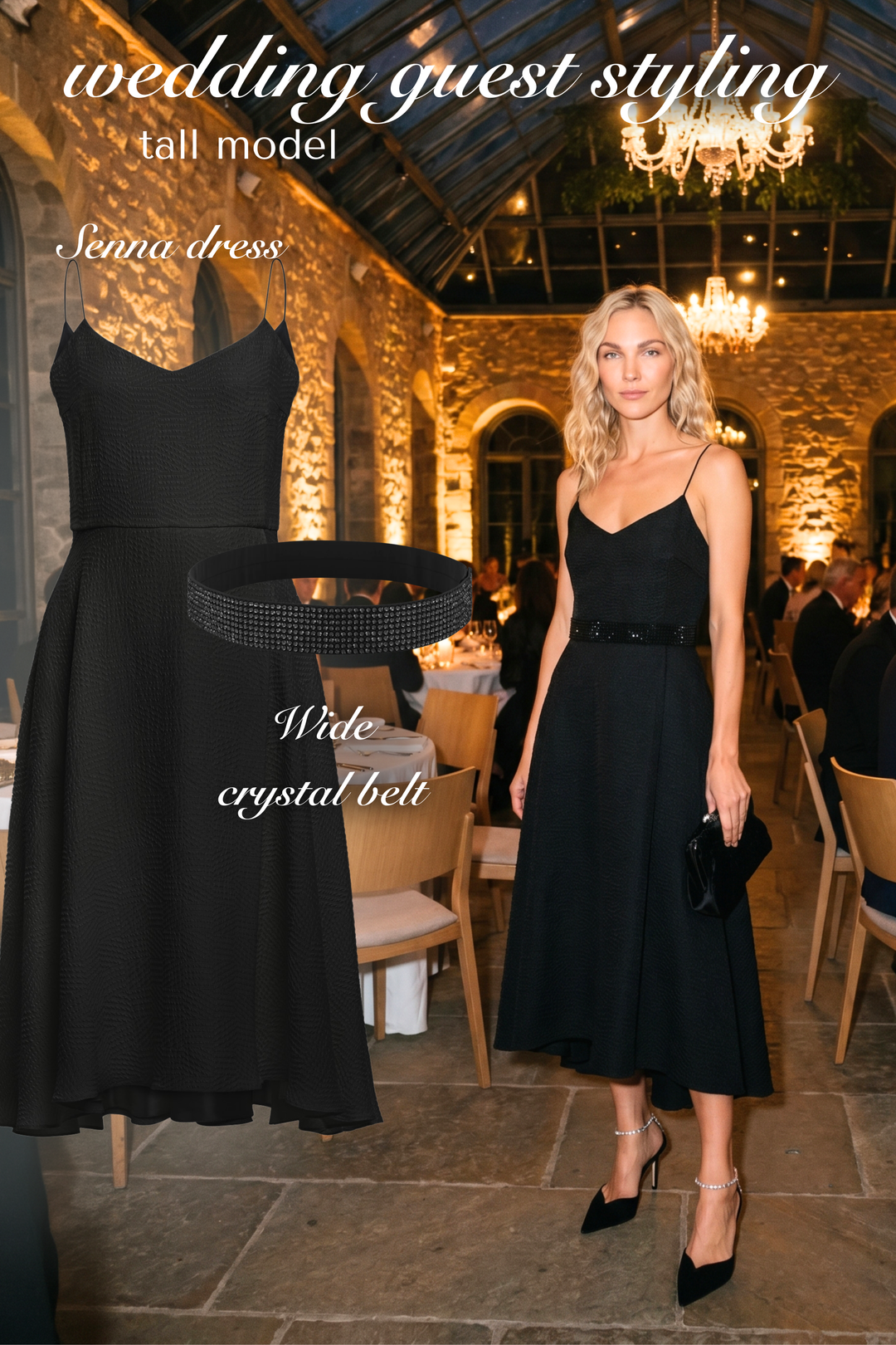 SENNA BLACK SILK JACQUARD SPAGHETTI STRAP DRESS