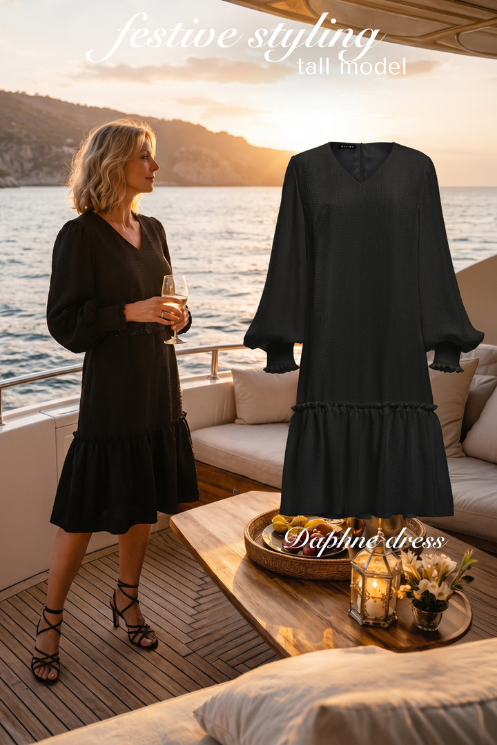 DAPHNE BLACK SILK JACQUARD DRESS WITH SLEEVES