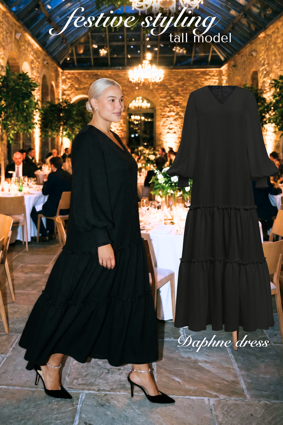 DAPHNE BLACK SILK JACQUARD MAXI DRESS WITH SLEEVES