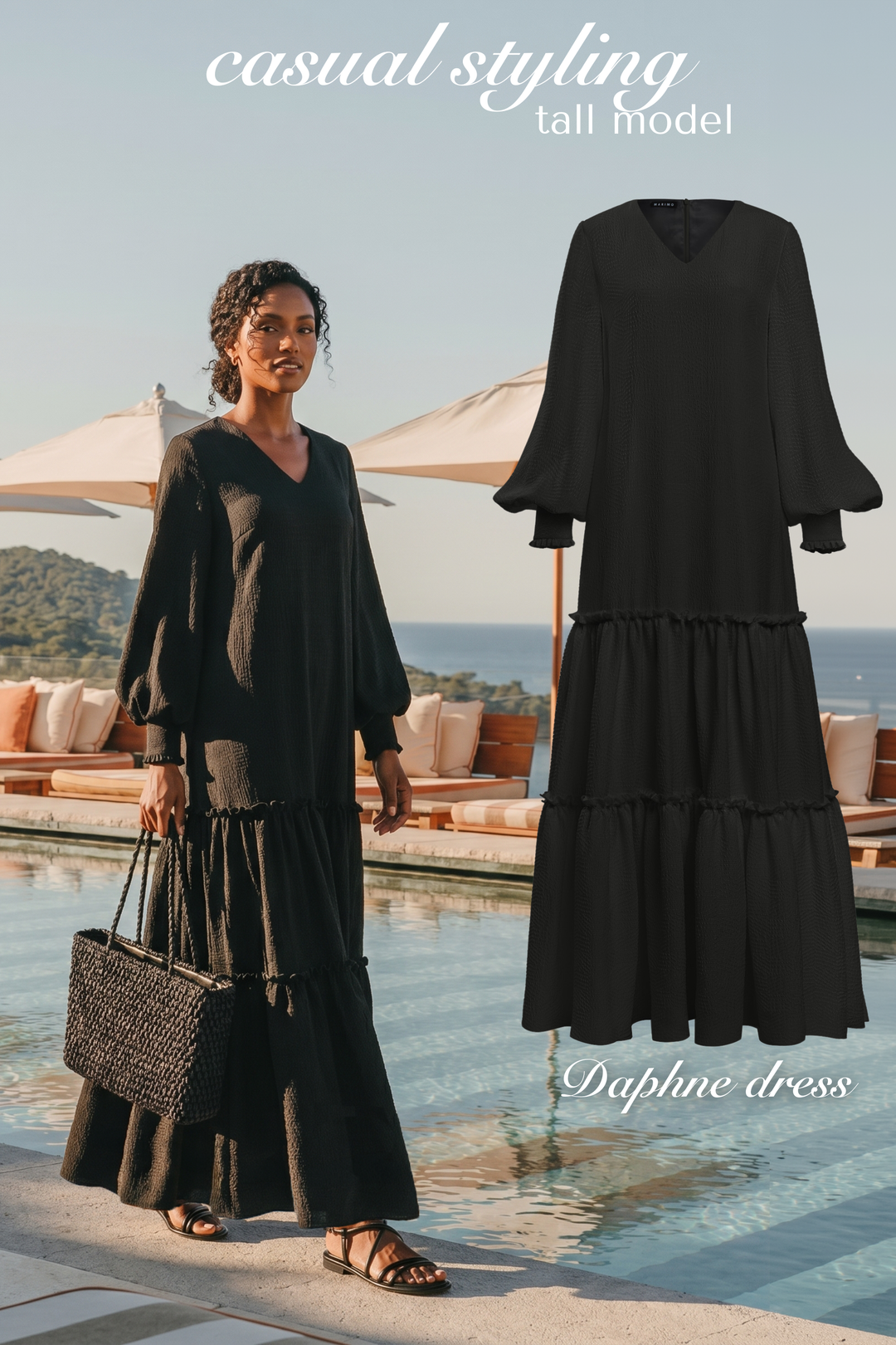 DAPHNE BLACK SILK JACQUARD MAXI DRESS WITH SLEEVES